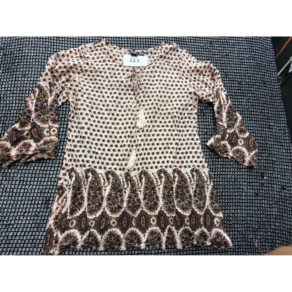 S.R. Fashion Tunic Top Womens XL Tan Brown Paisley Boho Bell Sleeve